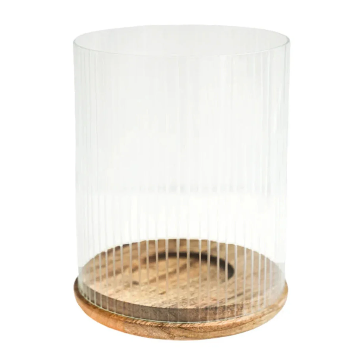 Ivyline Amelia Medium Ribbed Glass Wooden Candle Holder