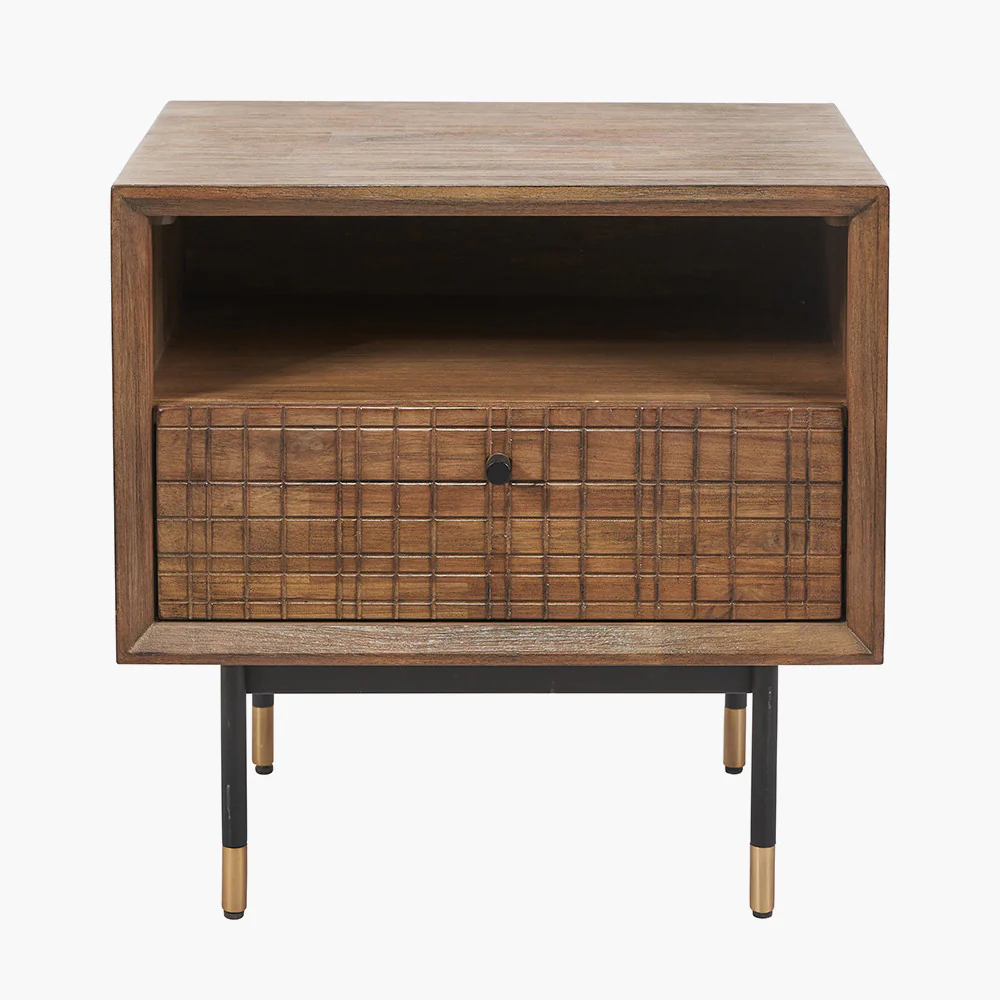 Pacific Lifestyle Arte Dark Brown Acacia Wood and Black Metal Bedside Unit
