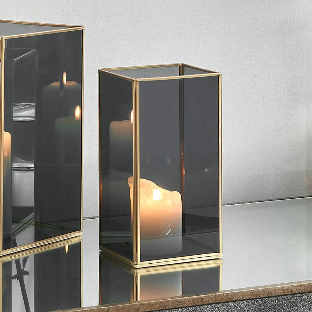 Pacific Lifestyle Brass Metal and Smoked Glass Panelled Square Hurricane - Image 6