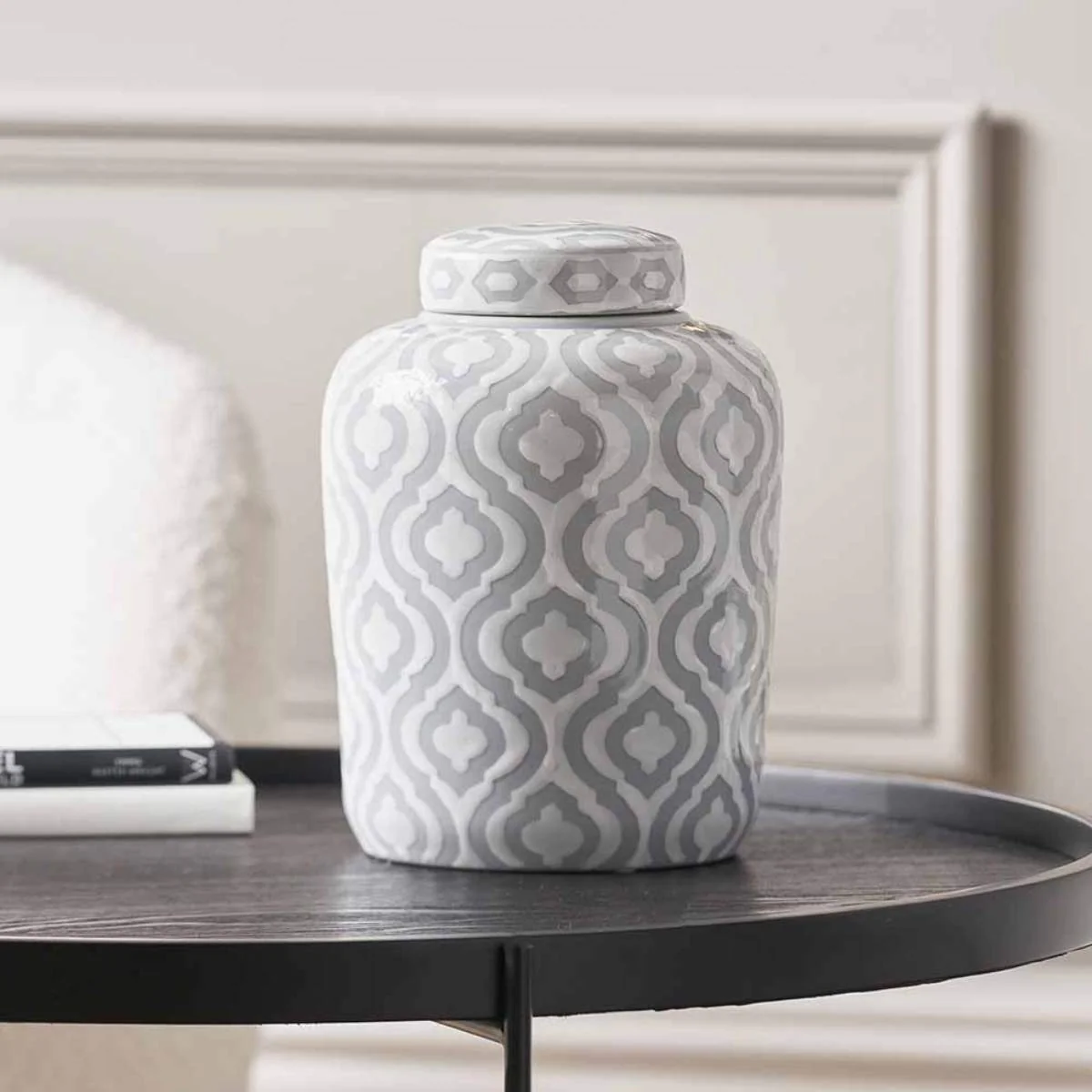 Pacific Lifestyle Celia Grey and White Ceramic Geo Pattern Lidded Ginger Jar - Image 6