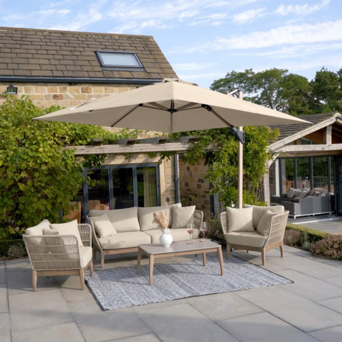 Pacific Lifestyle Challenger Teak T2 3m Square Premium Champagne Free Arm Parasol - Image 10
