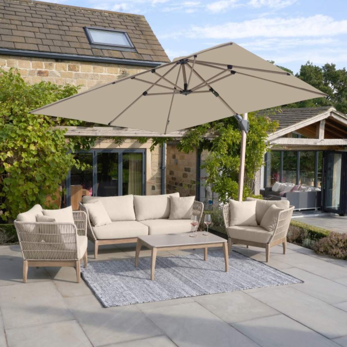 Pacific Lifestyle Challenger Teak T2 3m Square Premium Champagne Free Arm Parasol - Image 11