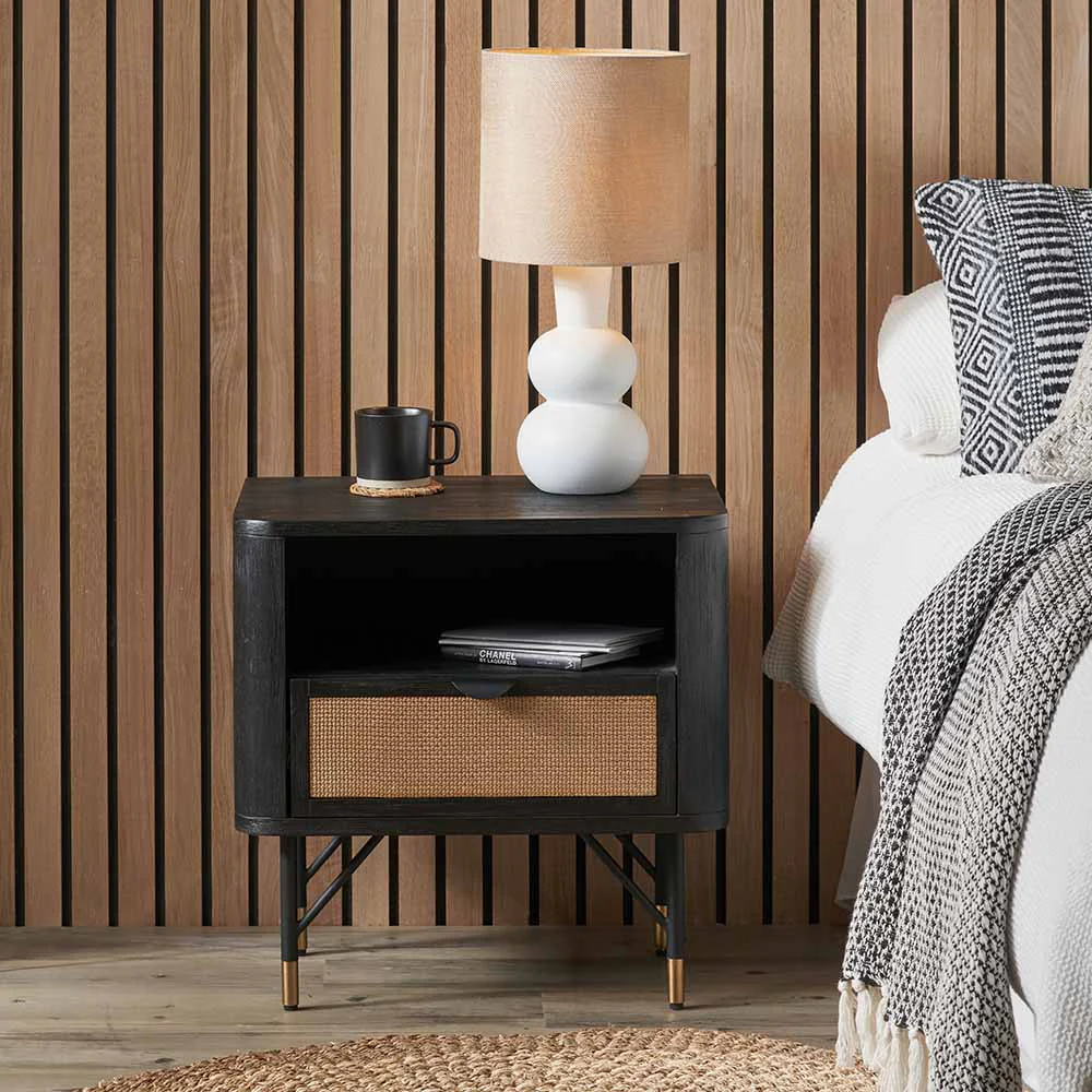 Pacific Lifestyle Fiji Black Acacia Wood and Natural Rattan 1 Drawer 1 Shelf Unit - Image 10