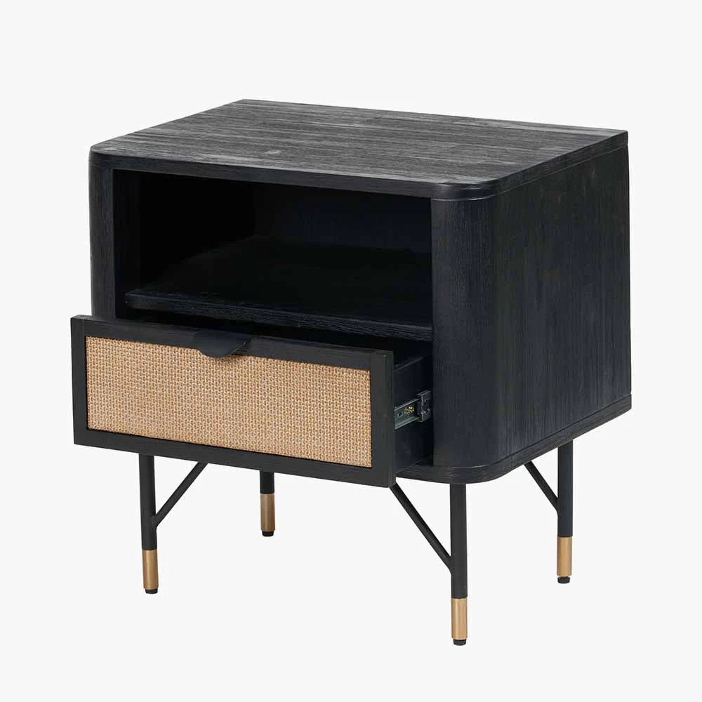 Pacific Lifestyle Fiji Black Acacia Wood and Natural Rattan 1 Drawer 1 Shelf Unit - Image 3