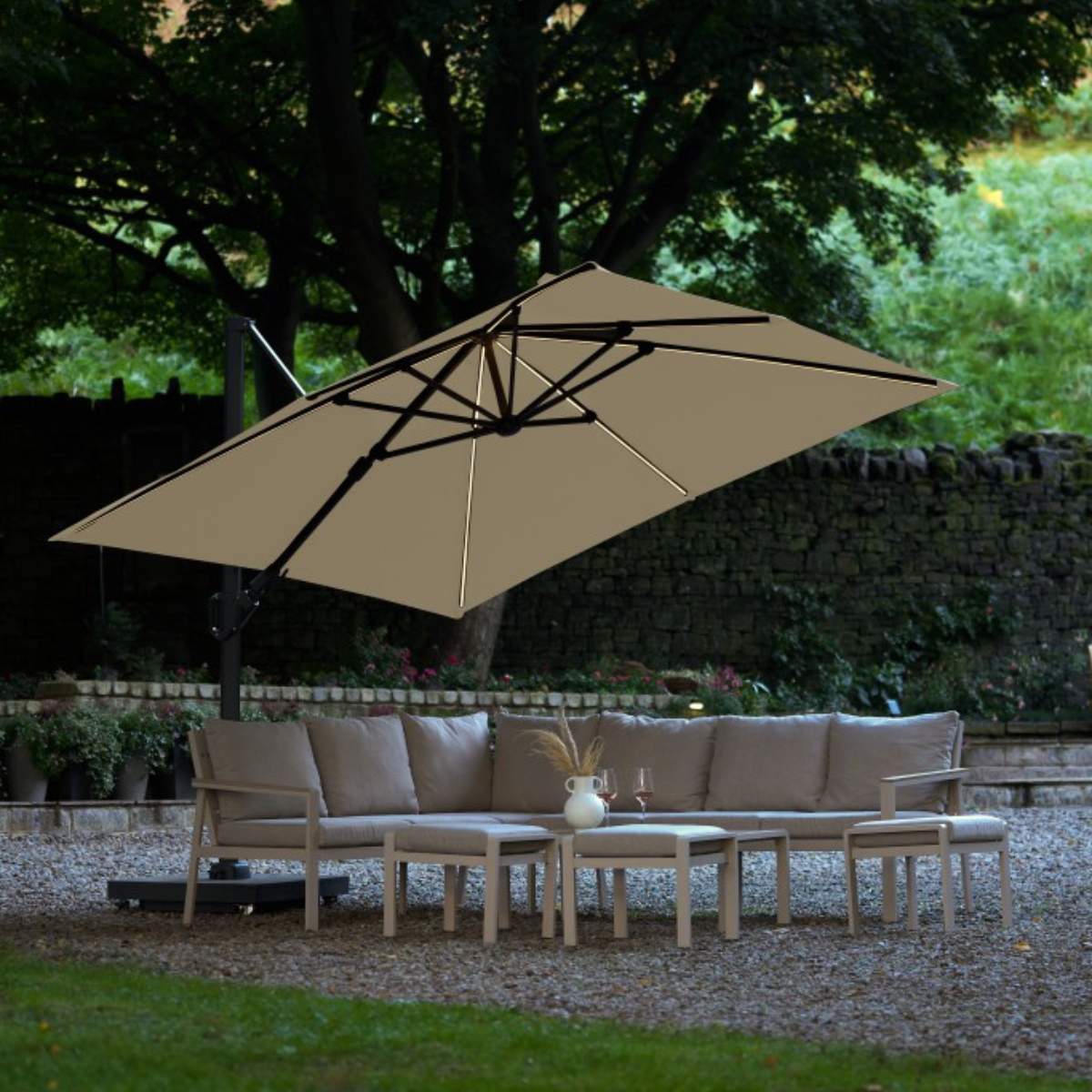 Pacific Lifestyle Glow Challenger T2 3m Square Premium Champagne Free Arm Parasol - Image 9