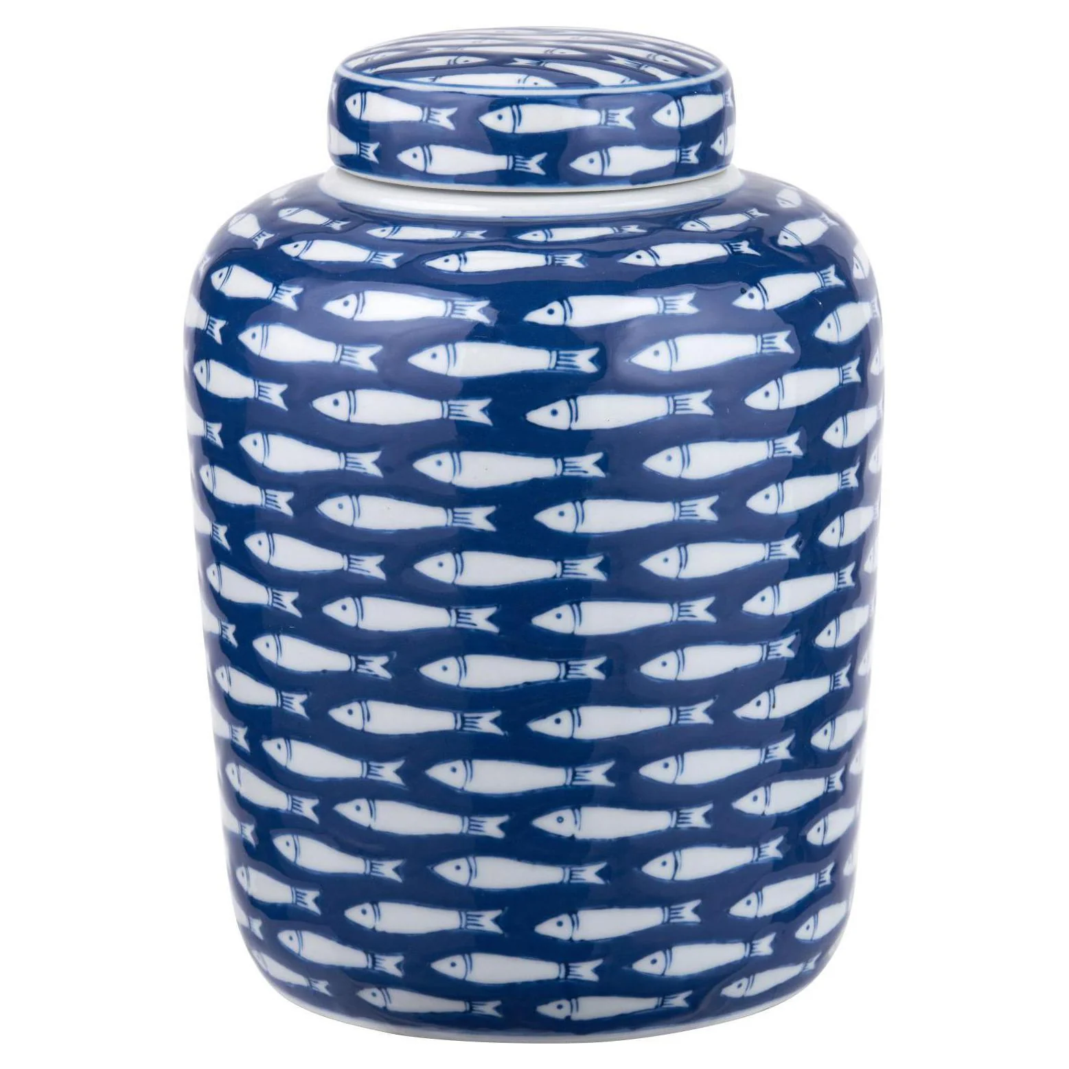 Pacific Lifestyle Hakan Blue and White Ceramic Fish Detail Lidded Ginger Jar