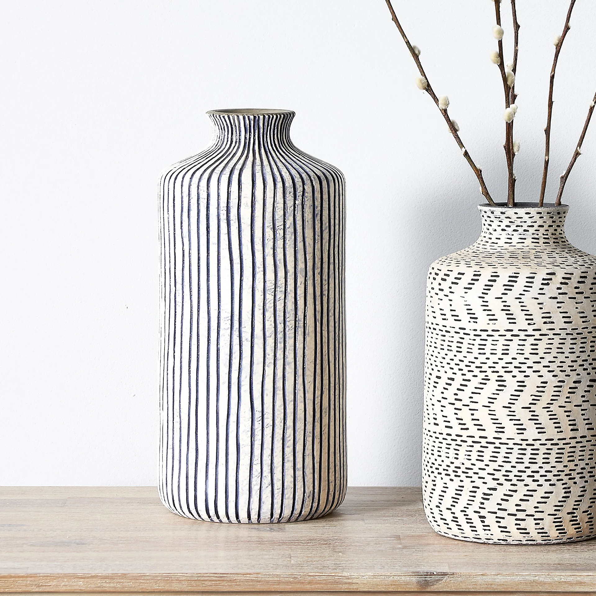 Pacific Lifestyle Jannik Blue and White Stoneware Stripe Design Vase - Image 2