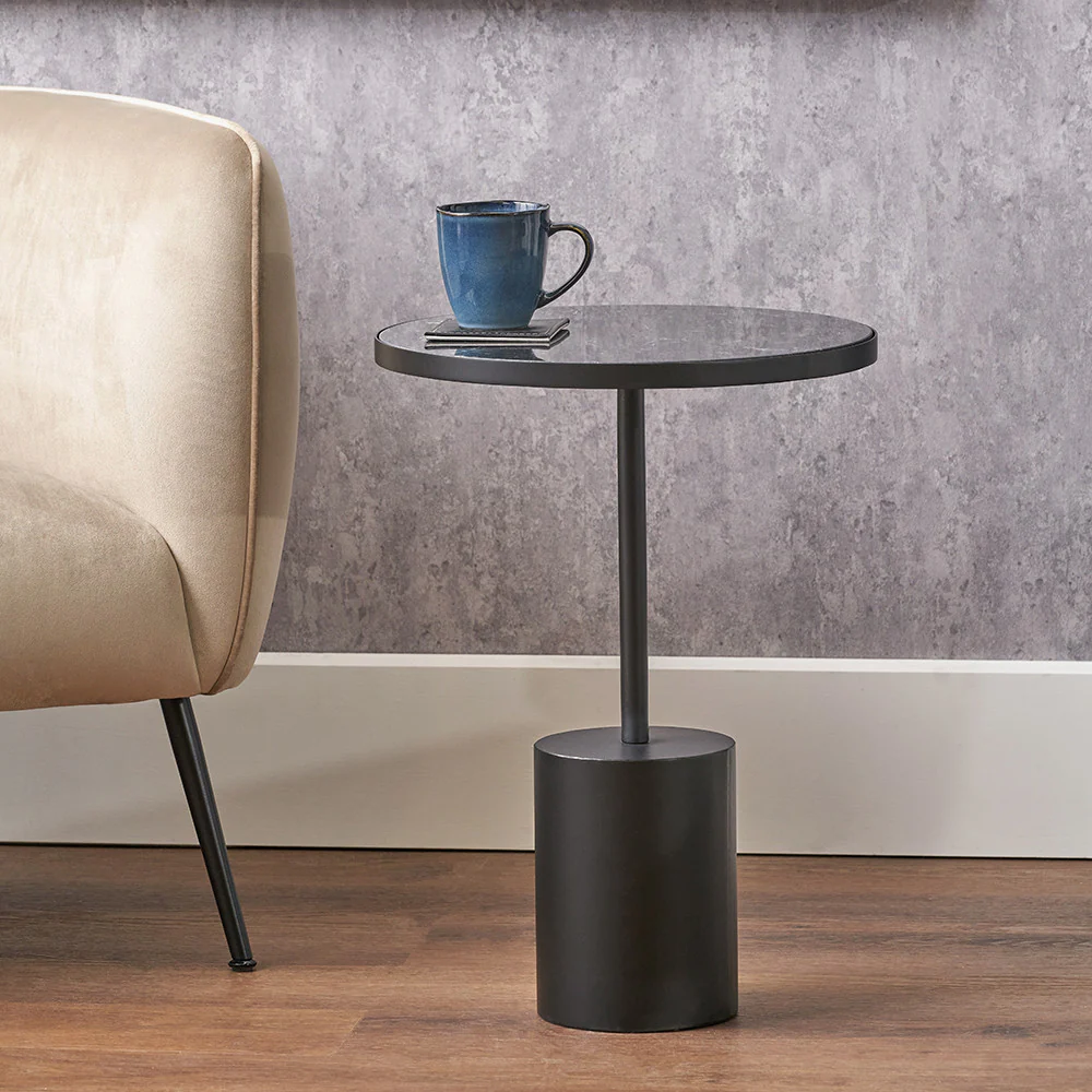 Pacific Lifestyle Loke Black Marble and Black Metal Cylinder Base Side Table - Image 6