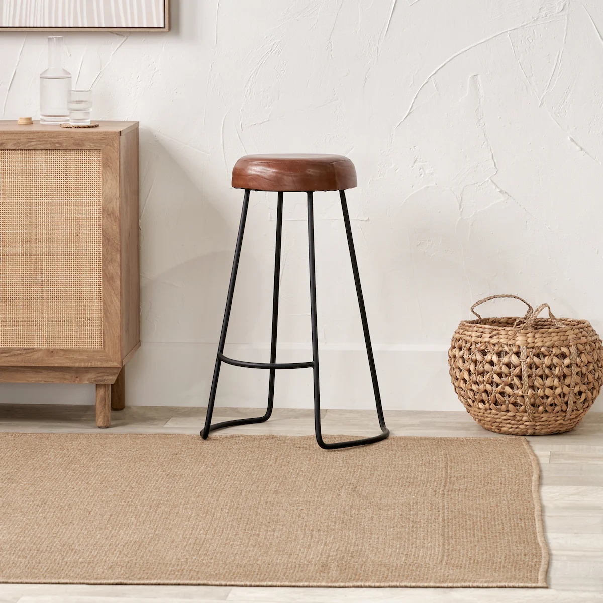 Pacific Lifestyle Mikkel Vintage Brown Leather and Black Metal Bar Stool - Image 6
