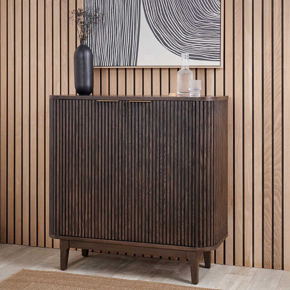 Pacific Lifestyle Oskar Dark Brown Ribbed Oak and Pine Wood 2 Door Bar Cabinet - Image 3