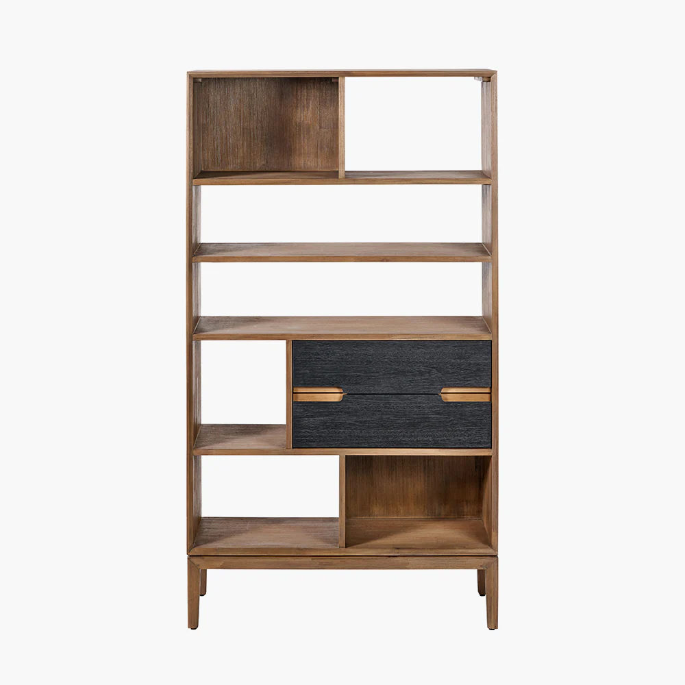 Pacific Lifestyle Pelle Black and Natural Acacia Wood 2 Drawer 7 Nook Shelf Unit - Image 2