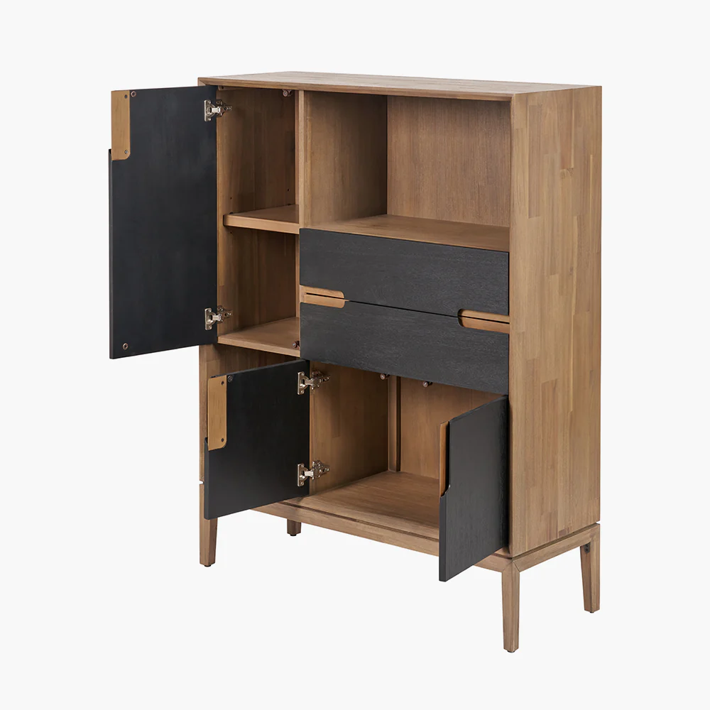 Pacific Lifestyle Pelle Black and Natural Acacia Wood 3 Door, 2 Drawer, 2 Nook Shelf Unit - Image 4