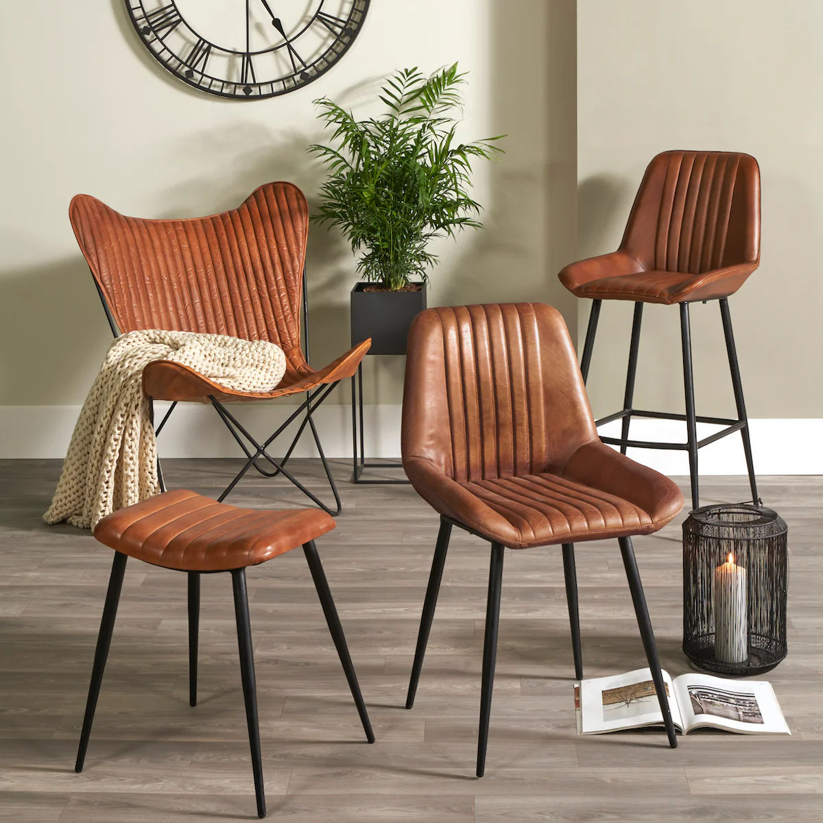 Pacific Lifestyle Stagen Vintage Brown Leather and Black Metal Retro Dining Chair - Image 9