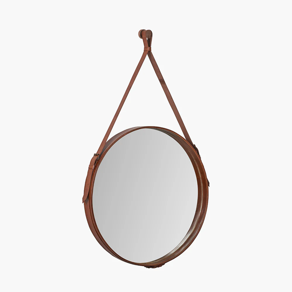 Pacific Lifestyle Vintage Brown Leather Frame Round Wall Mirror - Image 3