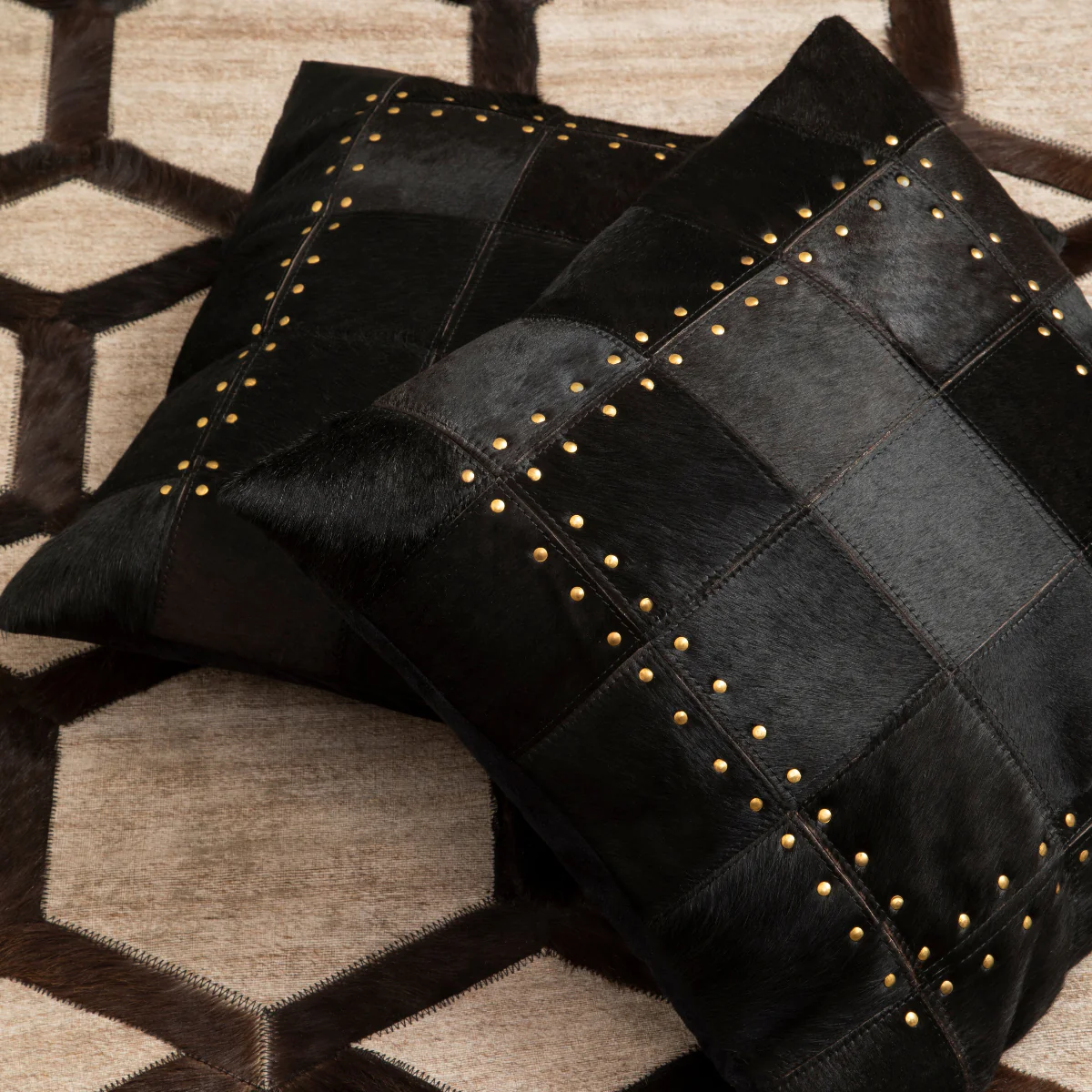 Beaumonde Home Bosie Safira Black Patchwork Leather Cushion With Gold Studs - Image 6