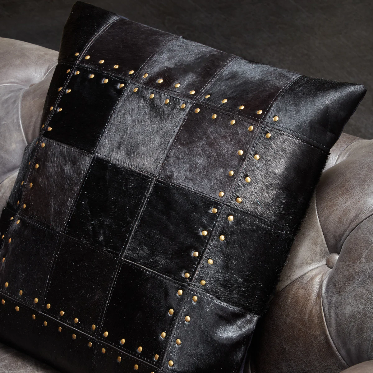 Beaumonde Home Bosie Safira Black Patchwork Leather Cushion With Gold Studs - Image 7