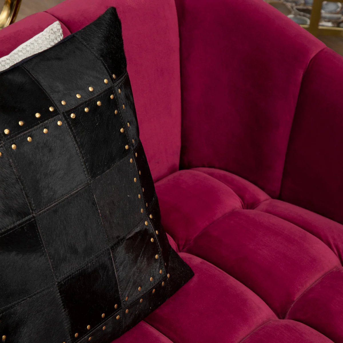 Beaumonde Home Bosie Safira Black Patchwork Leather Cushion With Gold Studs - Image 8