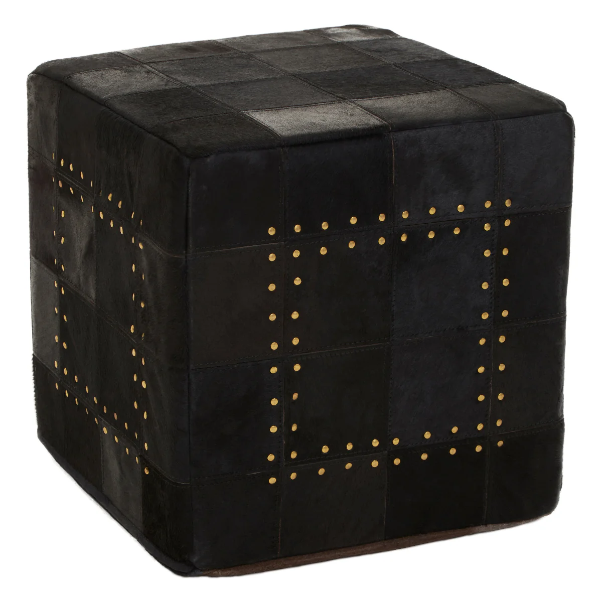 Beaumonde Home Bosie Safira Black Patchwork Leather Pouffe With Gold Studs - Image 2