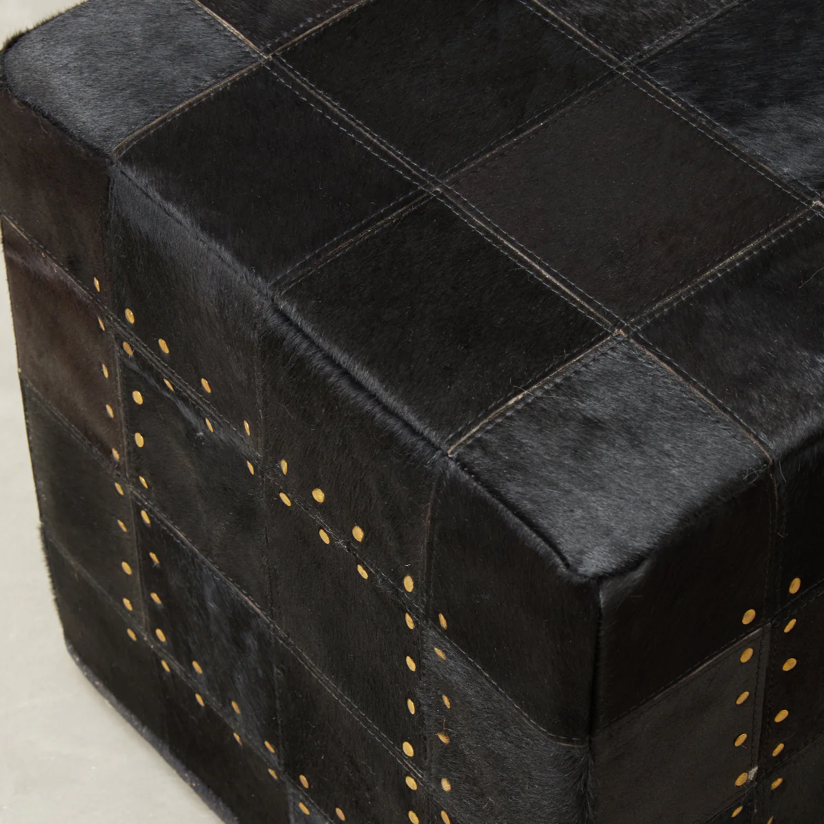 Beaumonde Home Bosie Safira Black Patchwork Leather Pouffe With Gold Studs - Image 5