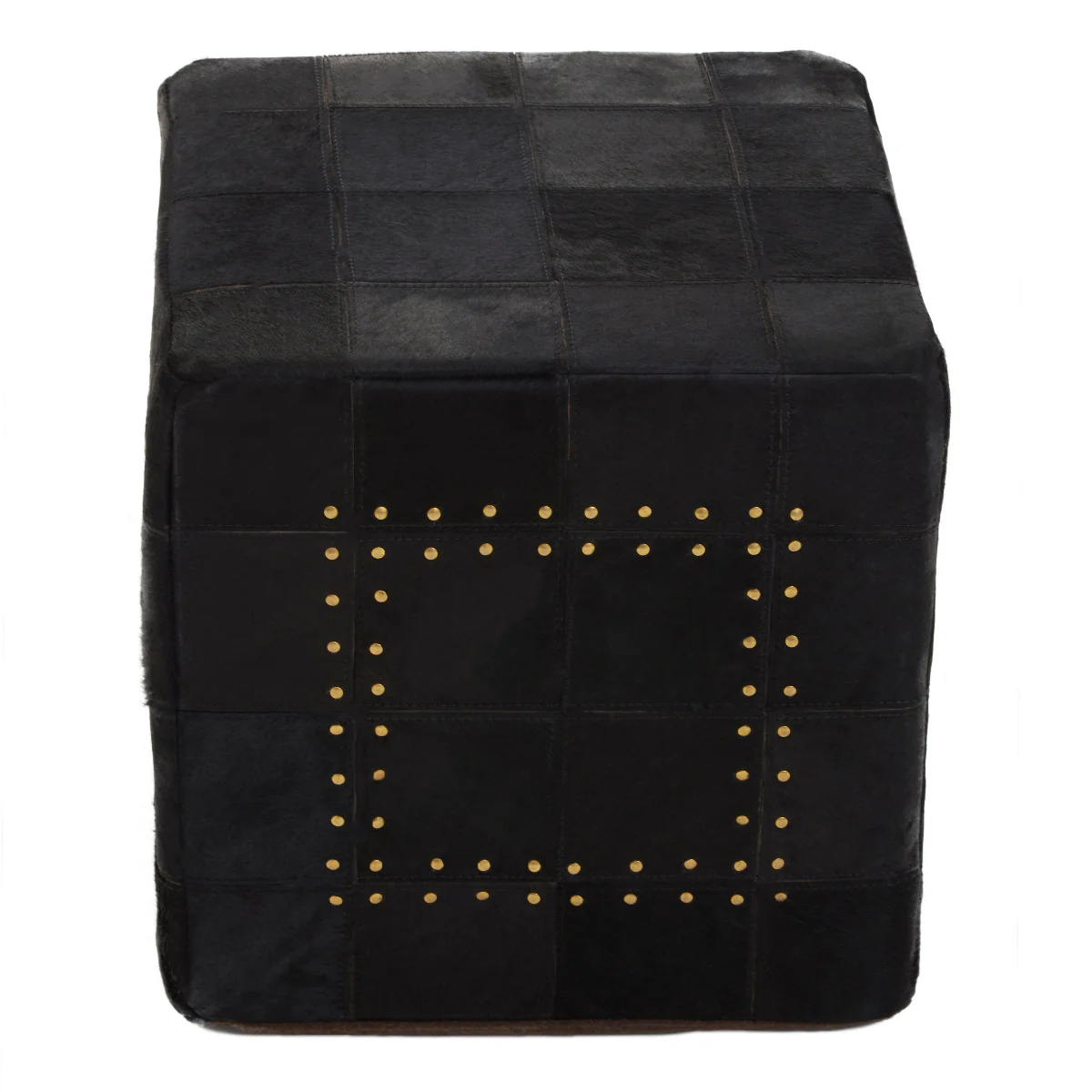 Beaumonde Home Bosie Safira Black Patchwork Leather Pouffe With Gold Studs - Image 7