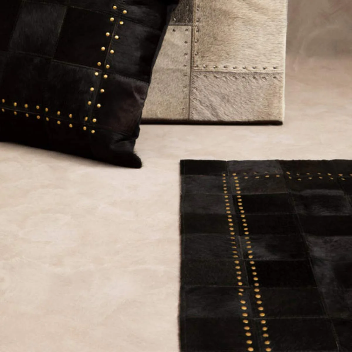 Beaumonde Home Bosie Safira Small Black Patchwork Leather Rug With Gold Studs - Image 6