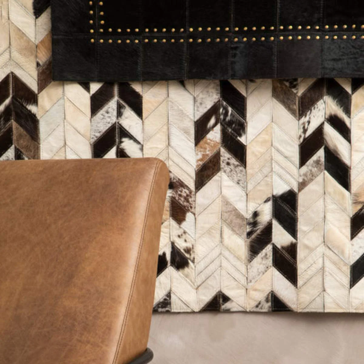 Beaumonde Home Bosie Safira Small Black Patchwork Leather Rug With Gold Studs - Image 7