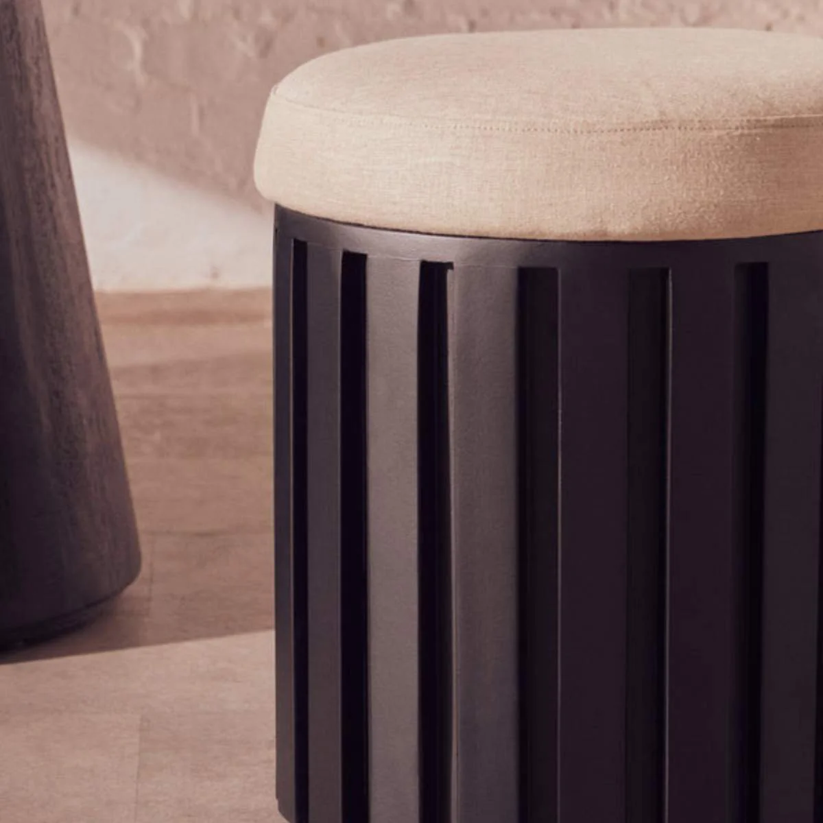 Beaumonde Home Perdoba Ridge Base Mango Wood Black Finish Texture Fabric Stool - Image 7