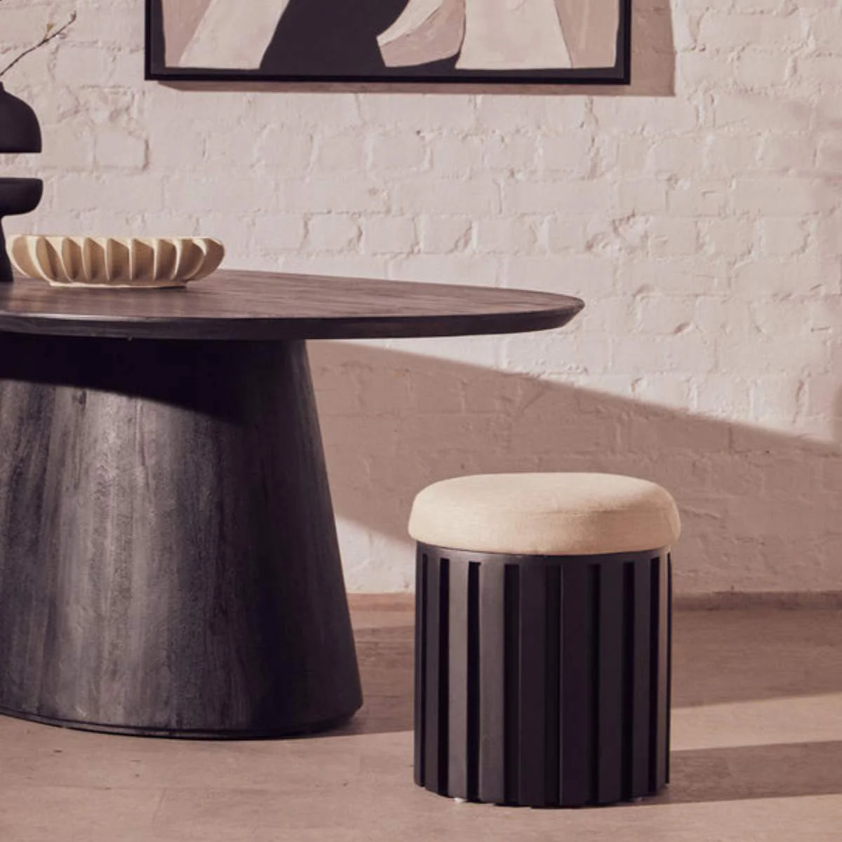 Beaumonde Home Perdoba Ridge Base Mango Wood Black Finish Texture Fabric Stool - Image 8