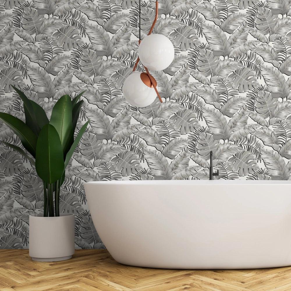 Brand McKenzie Banana Leaves Standard Black & White Wallpaper - Image 2