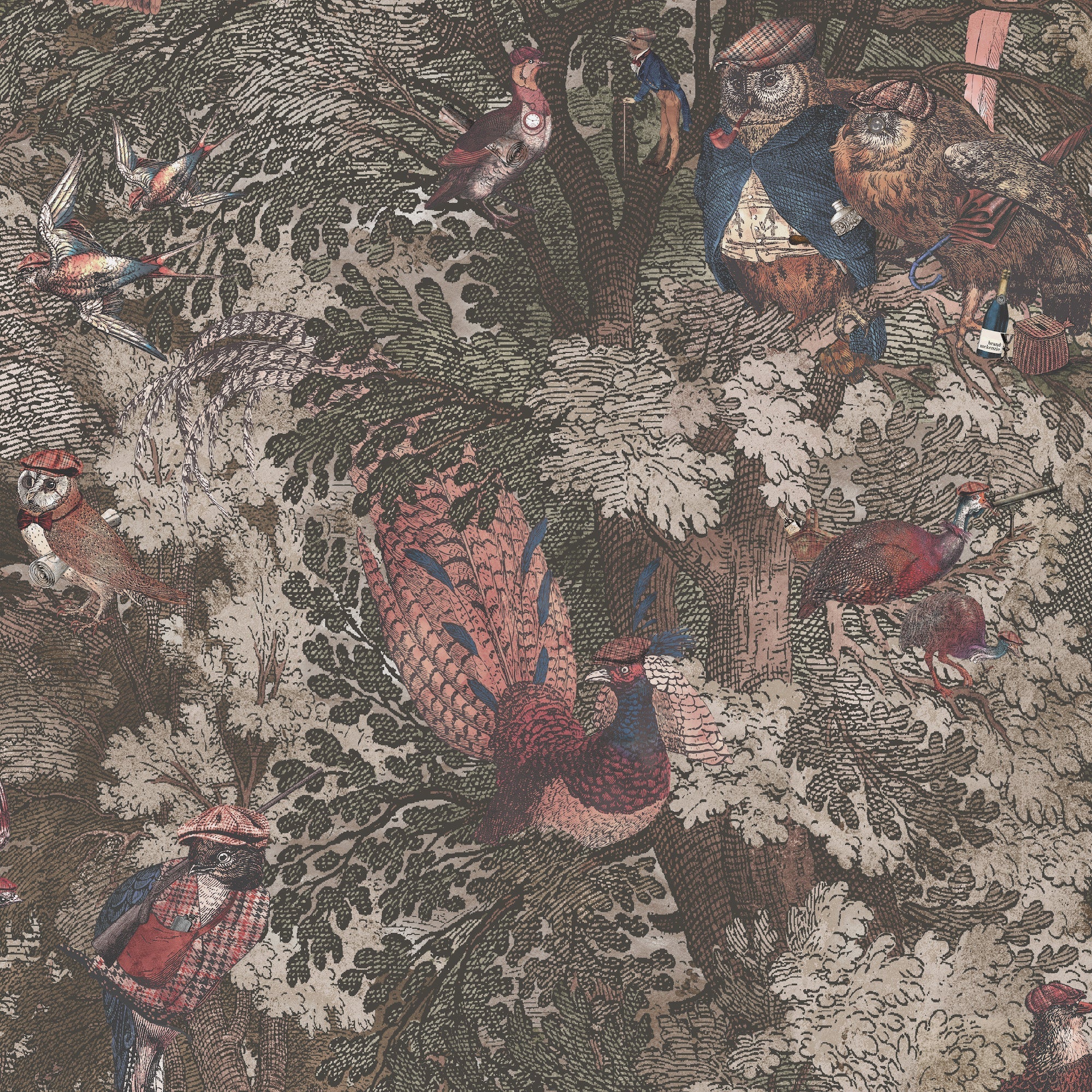 Brand McKenzie Gentlemen Birds Wallpaper - Oak