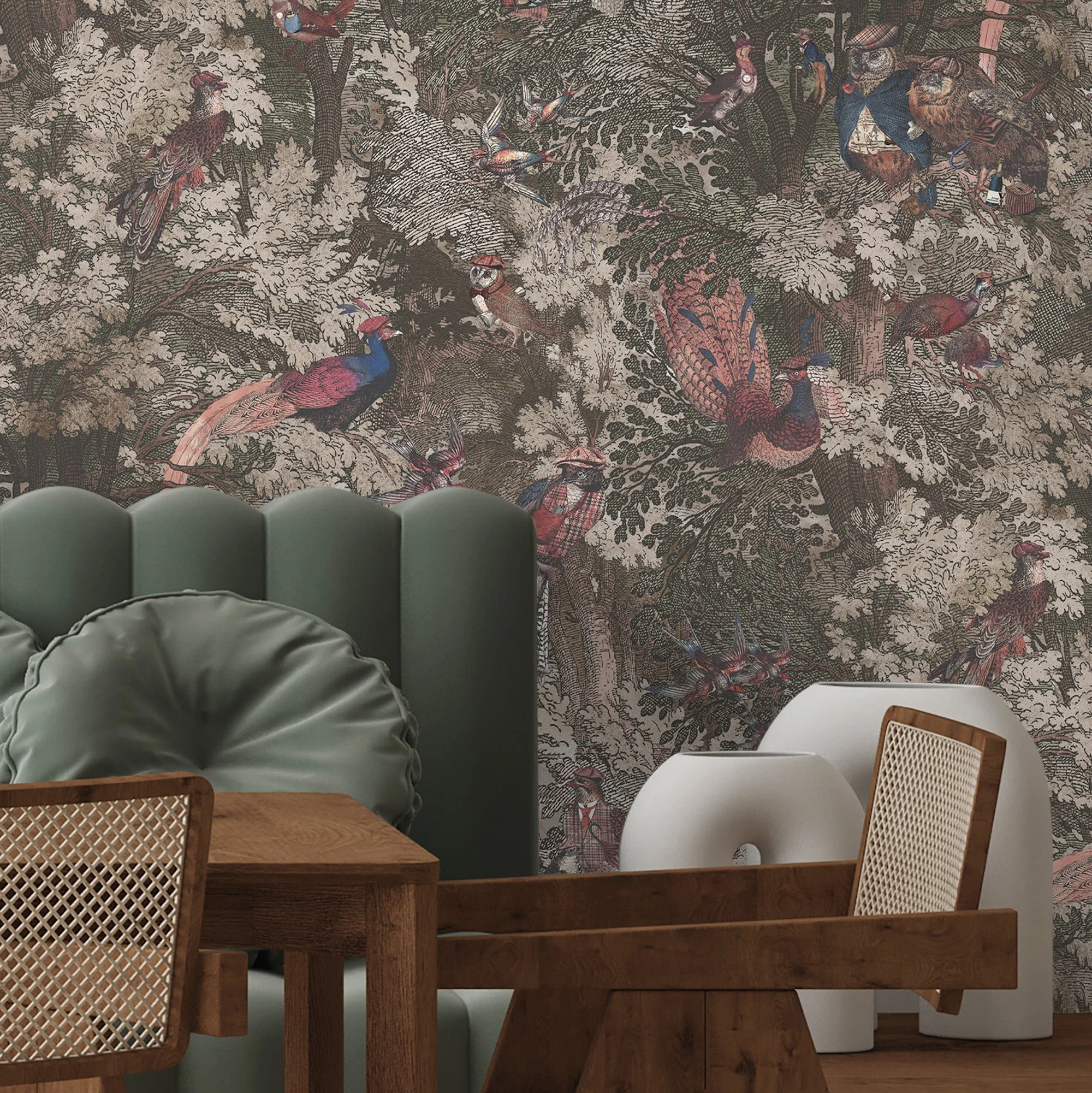 Brand McKenzie Gentlemen Birds Wallpaper - Oak - Image 3
