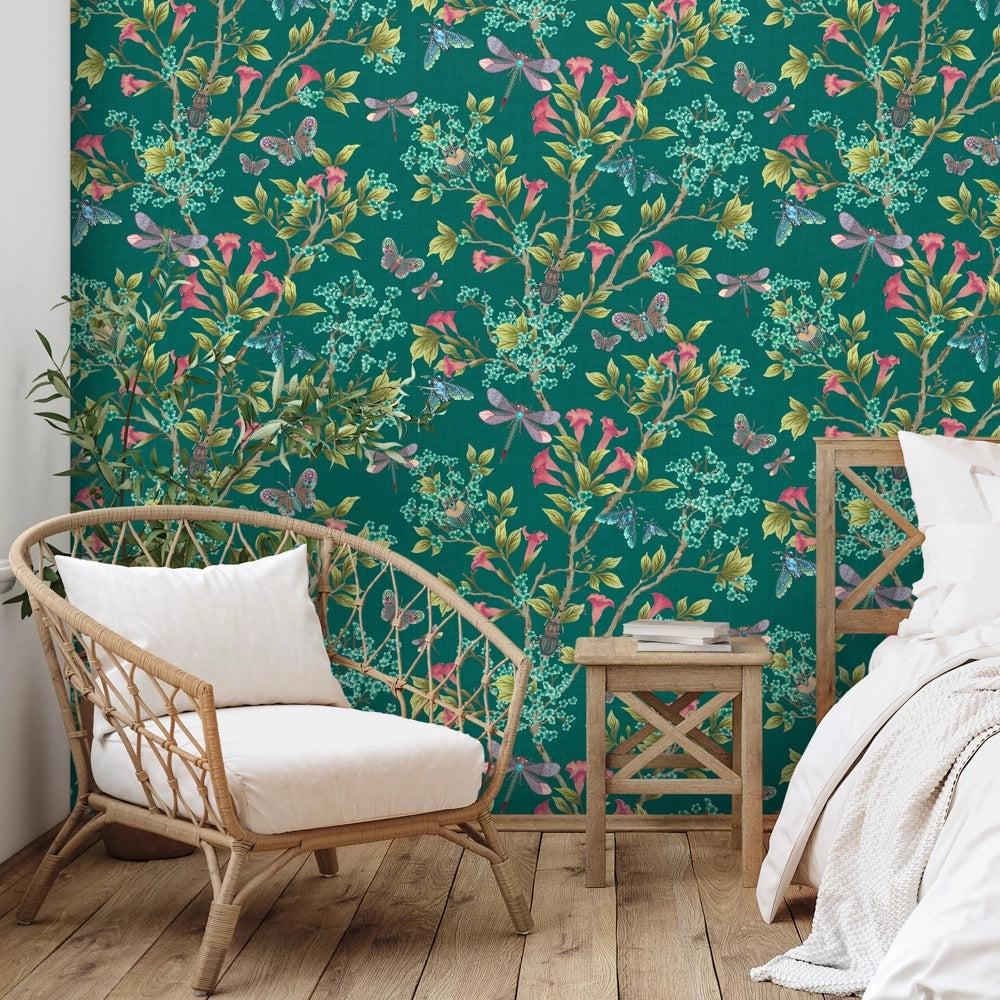 Brand McKenzie Jewel A Flutter Teal & Coral Wallpaper - Image 2