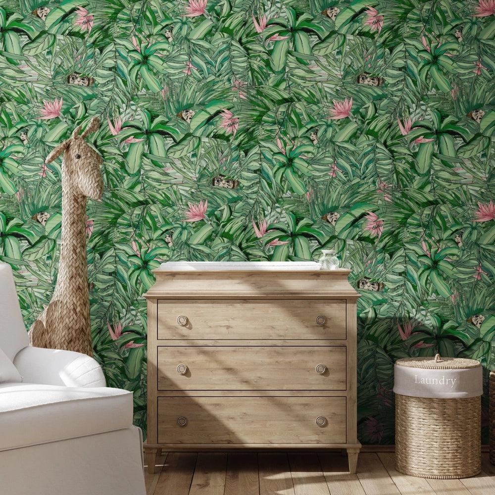 Brand McKenzie Monkey Forest Dark Green & Pink Wallpaper - Image 2