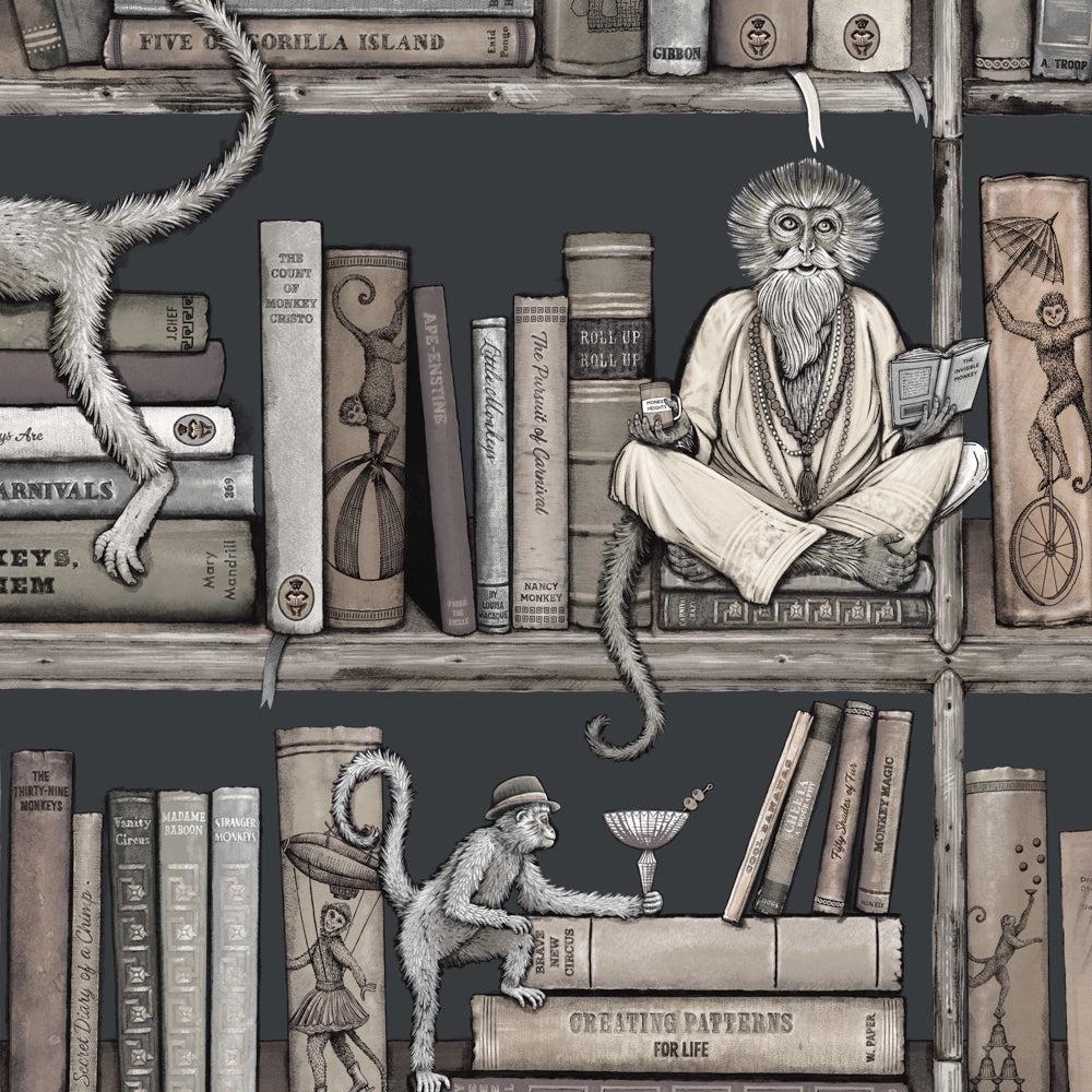 Brand McKenzie Monkey Library Taupe Wallpaper