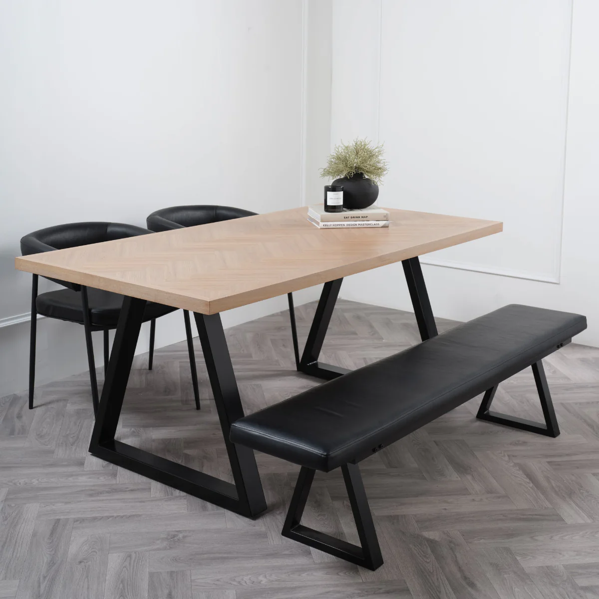 HO+ME Hyde Dining Table In Black And Natural Herringbone - Image 6