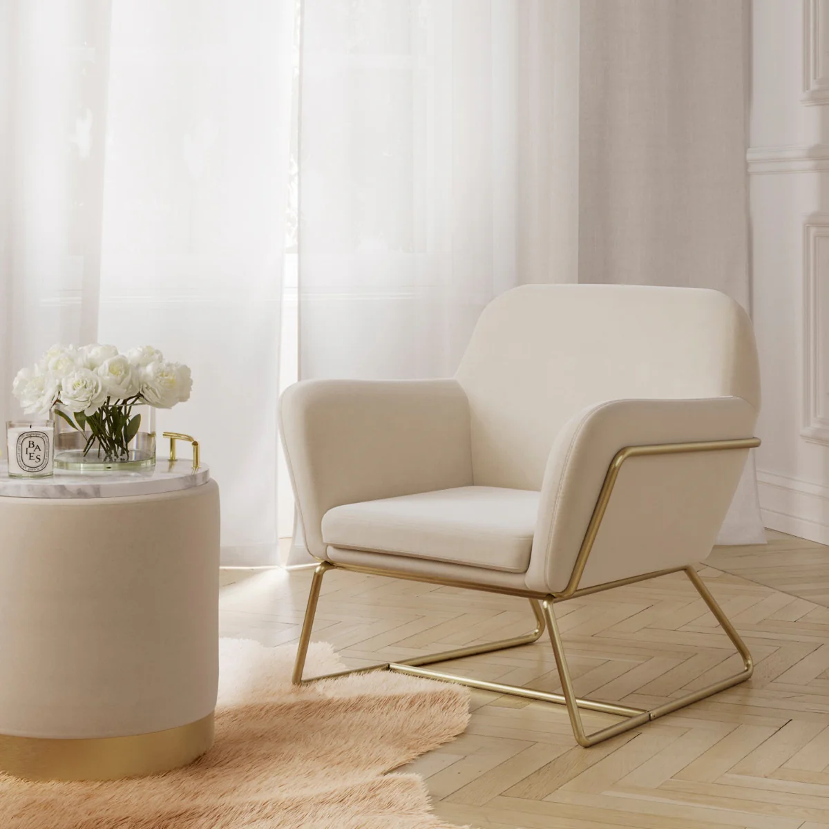 HO+ME Lara Small Pouffe In Brushed Gold And Cream Velvet - Image 3