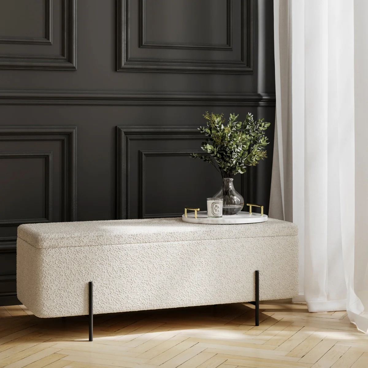 HO+ME Lola Storage Ottoman In Matte Black And Ivory Boucle - Image 6