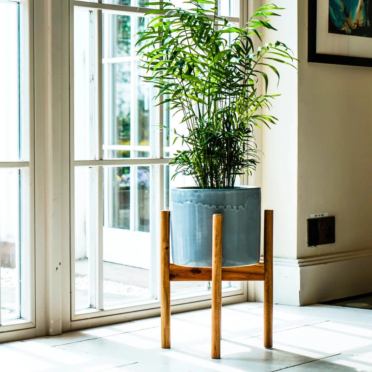 Ivyline Anzio Planter With Wooden Stand In Warm Grey - Image 2