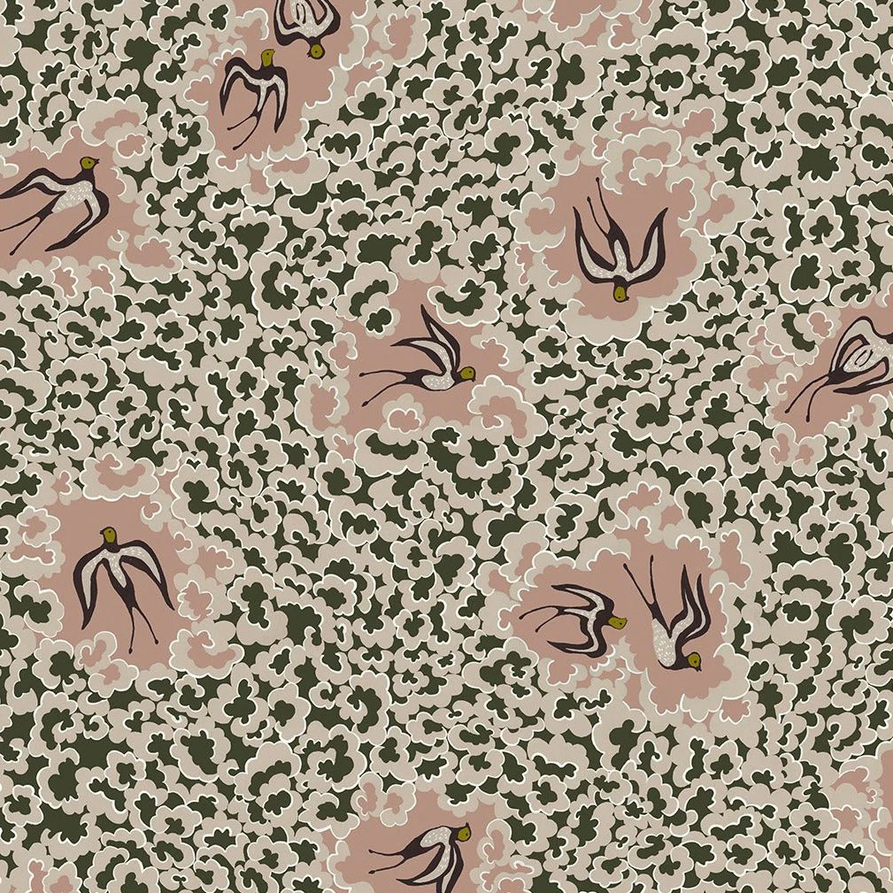 Josephine Munsey Bea's Swallows Wallpaper - Chaingate Green and Ham Pink