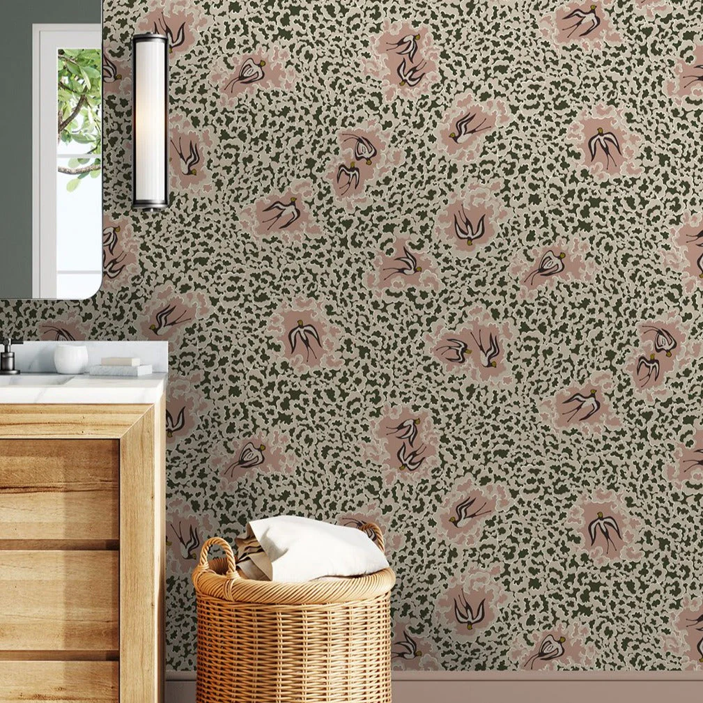 Josephine Munsey Bea's Swallows Wallpaper - Chaingate Green and Ham Pink - Image 2