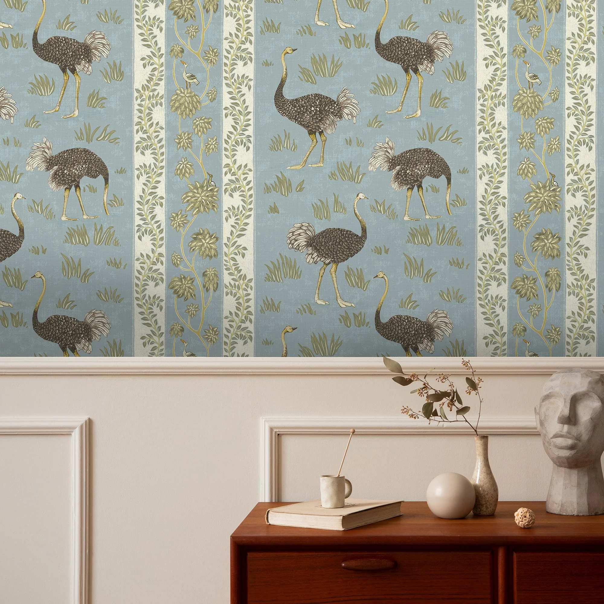Josephine Munsey Ostrich Stripe Wallpaper - Mid Blue and White - Image 2