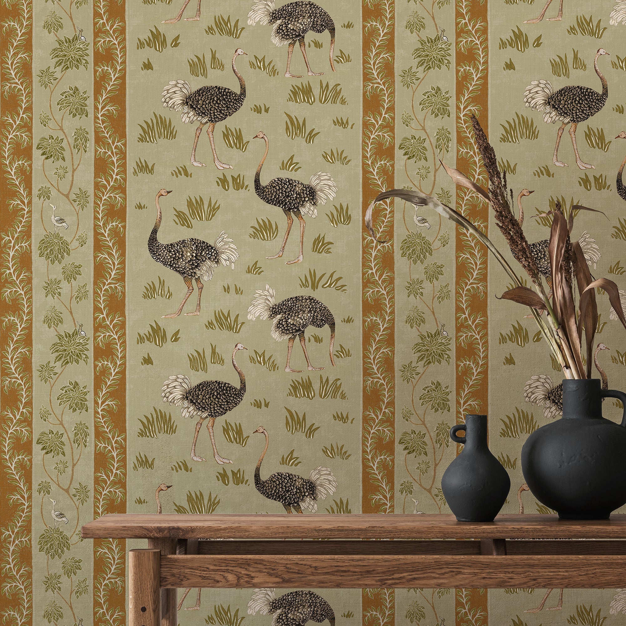 Josephine Munsey Ostrich Stripe Wallpaper - Olive and Orange - Image 2