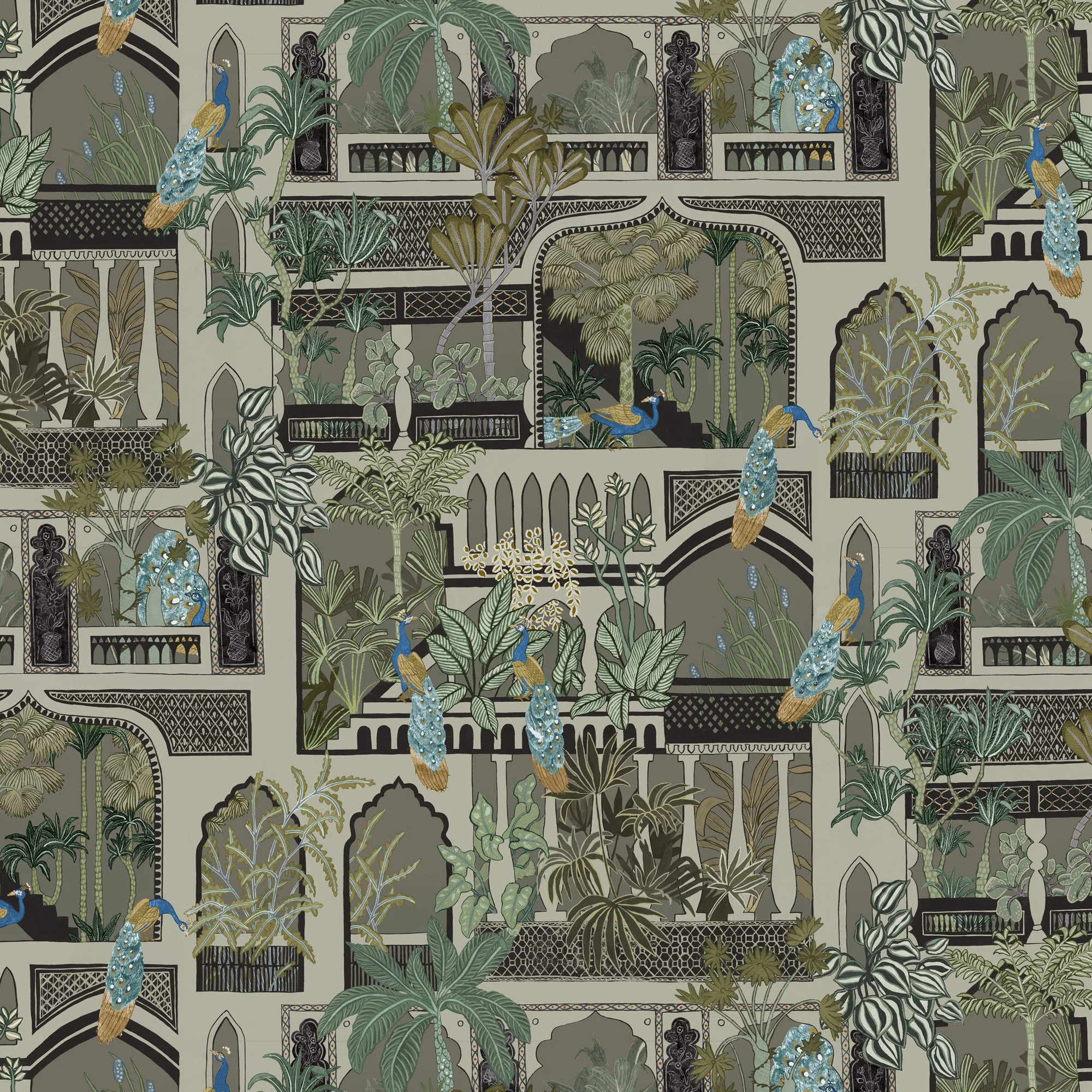 Josephine Munsey Peacock Arches Wallpaper - Mushroom Grey