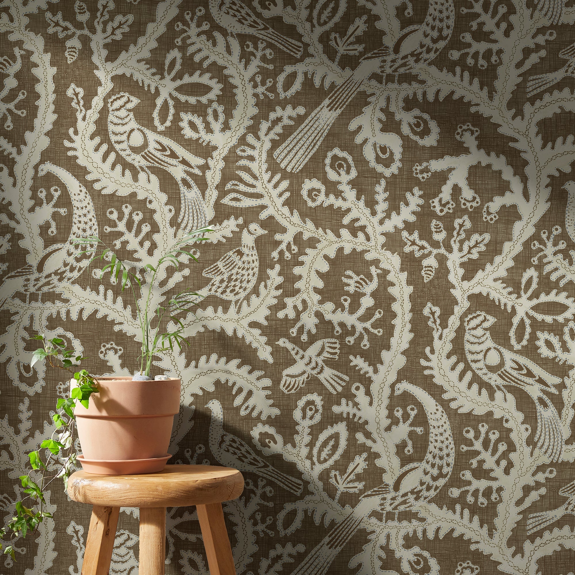 Josephine Munsey Stitched Birds Wallpaper - Brown - Image 2