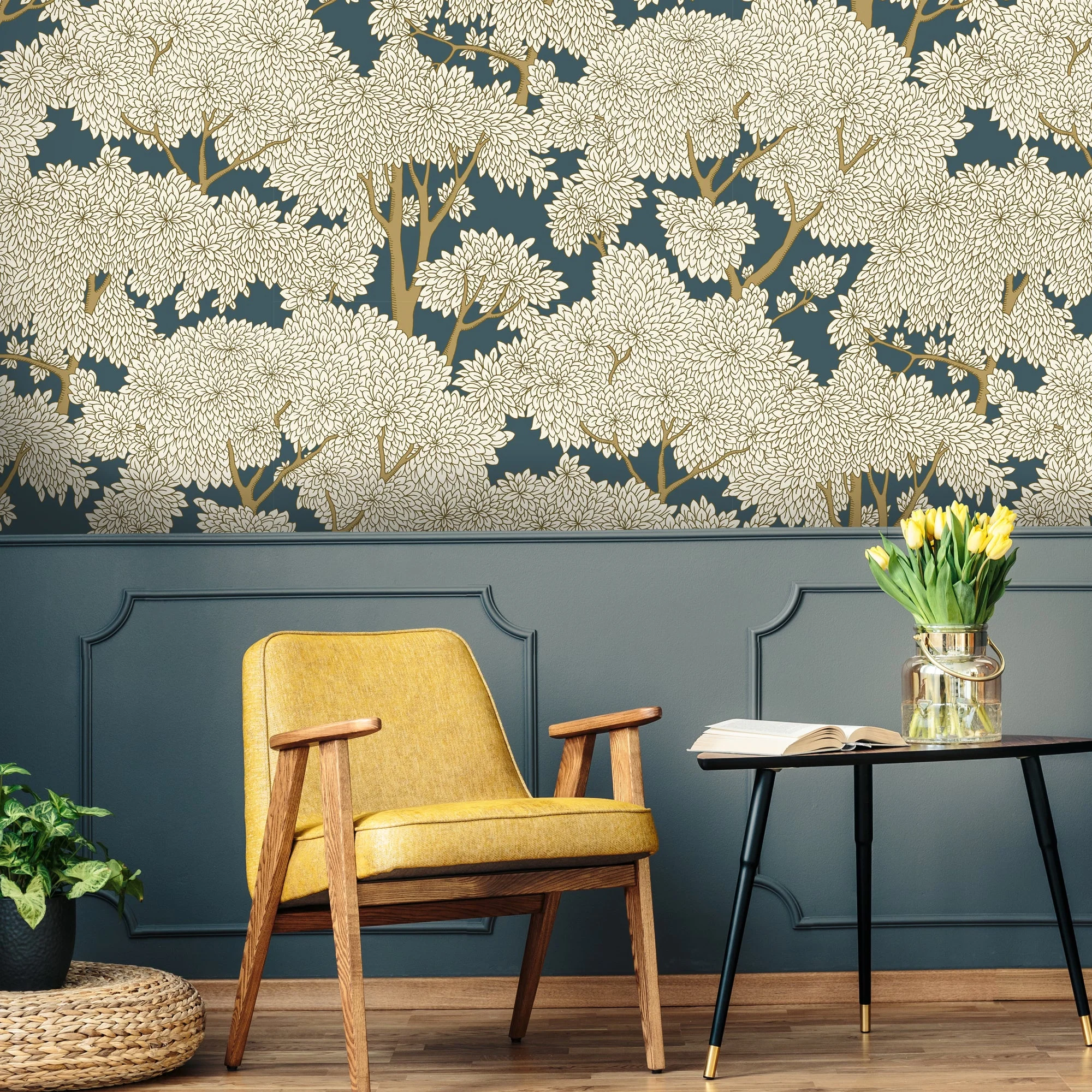 Josephine Munsey Stockend Woods Wallpaper  - Navy Ochre - Image 2