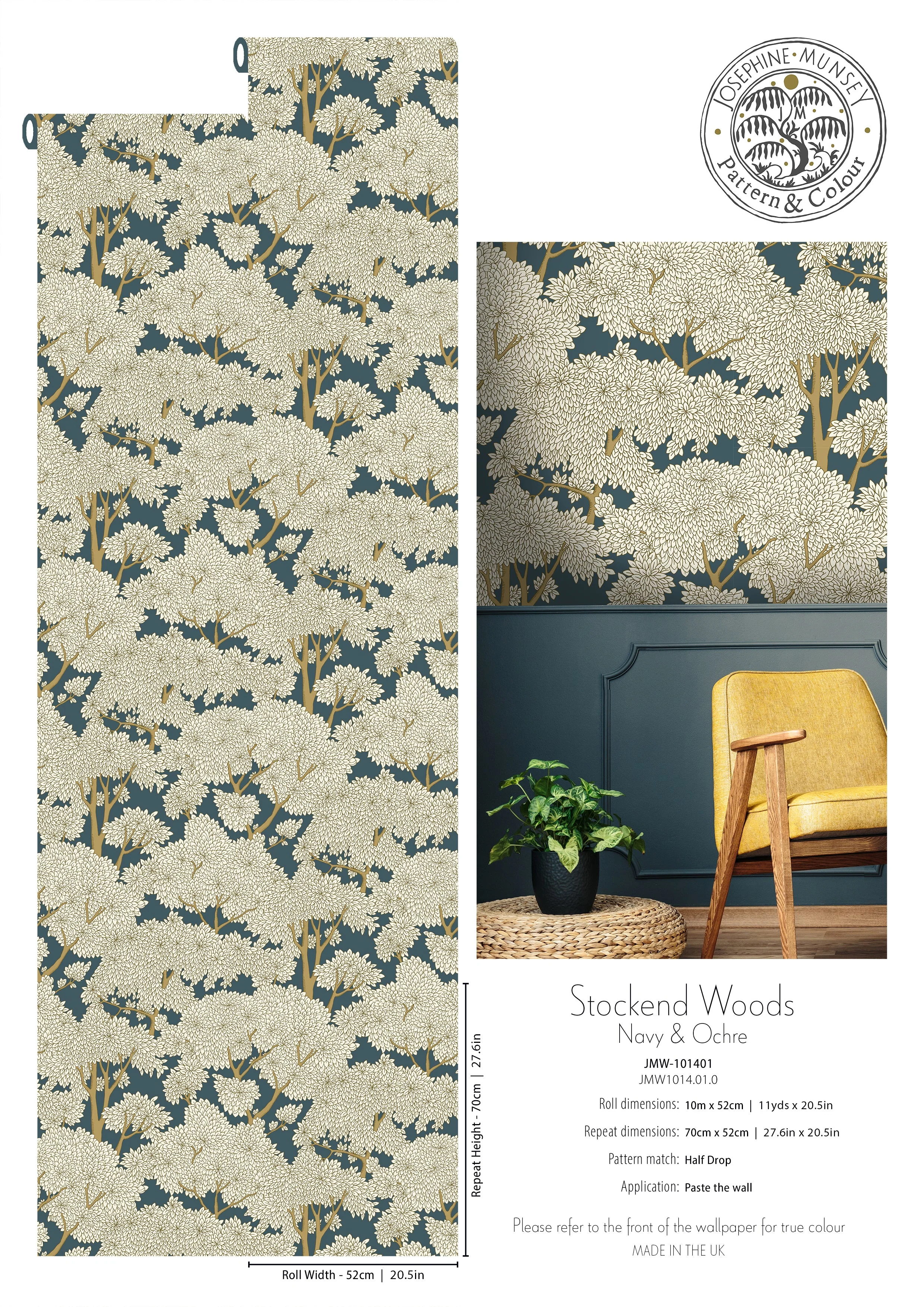 Josephine Munsey Stockend Woods Wallpaper  - Navy Ochre - Image 3