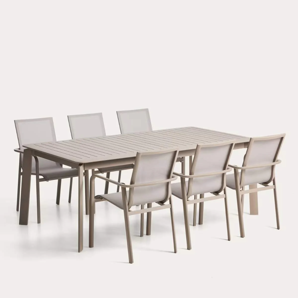 Kave Home Set with Brela extendable table in ecru aluminium and 6 stackable Canea chairs in ecru aluminium and beige texteline 205(287)x100 cm - Image 2