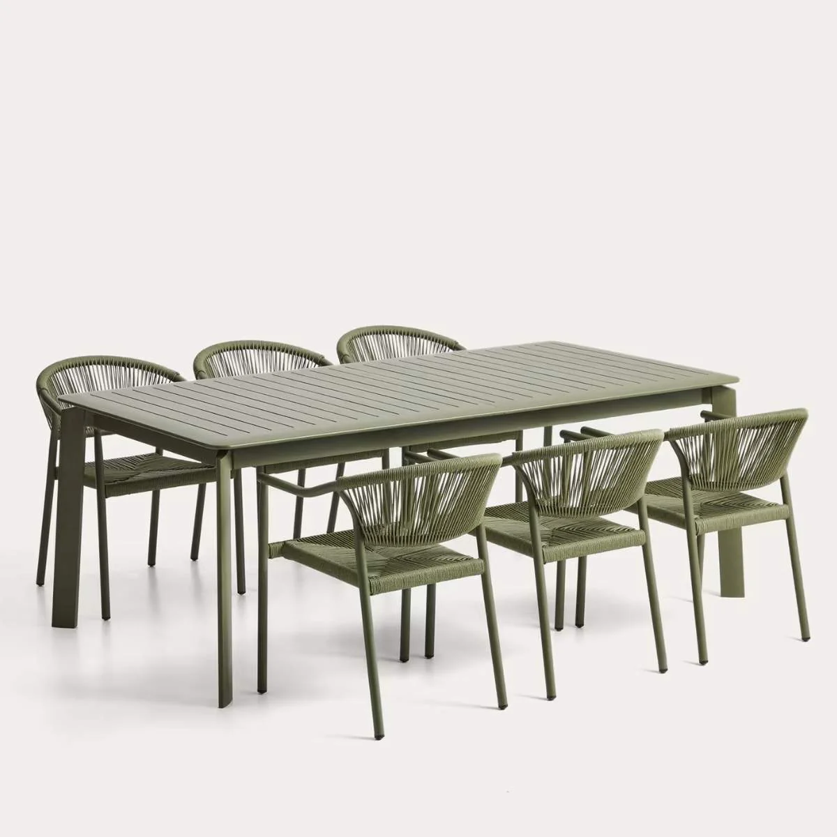 Kave Home Set with Brela aluminium extendable table and 6 Livadia stackable chairs in ecru aluminium and synthetic rope cord 205(287) x 100cm - Image 2