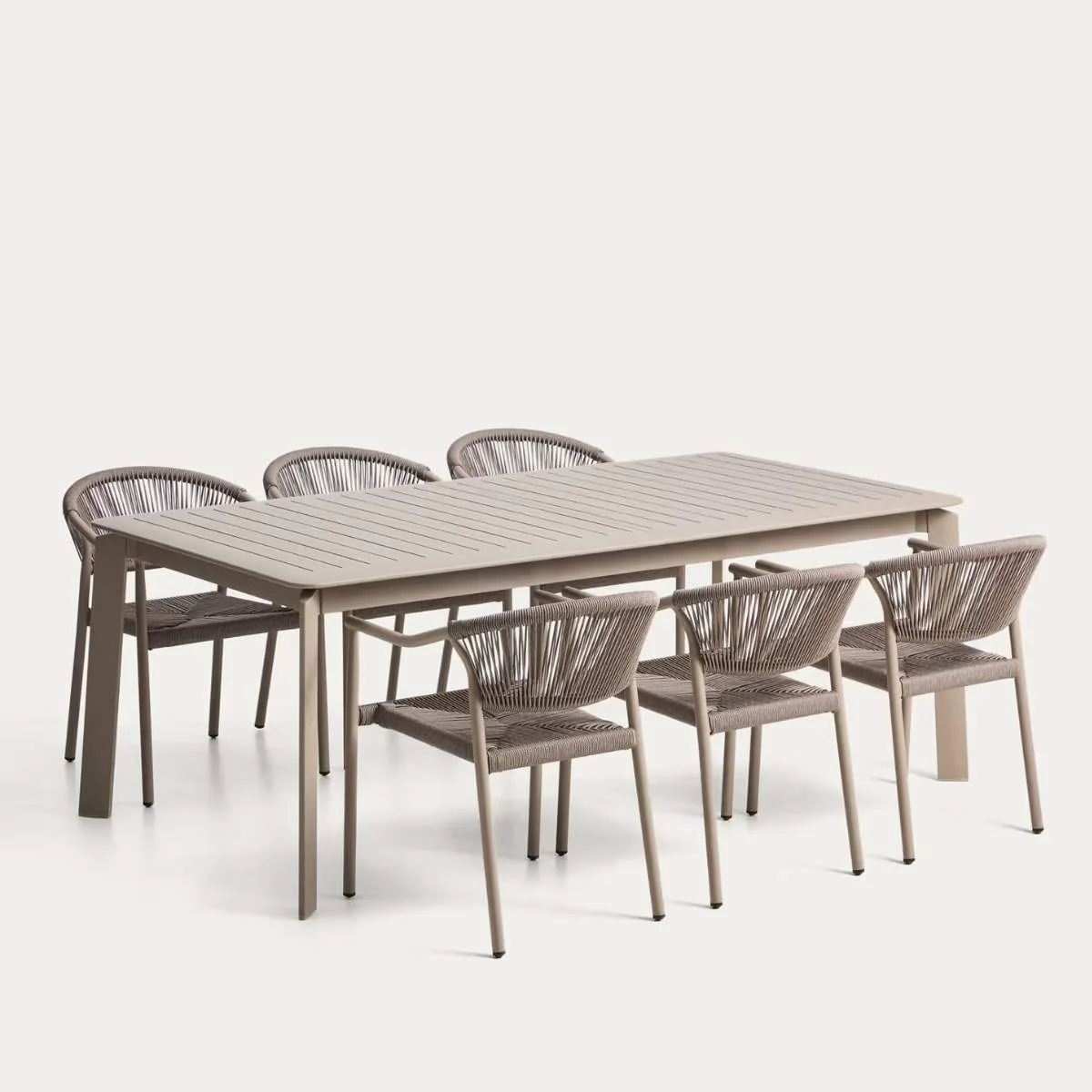 Kave Home Set with Brela aluminium extendable table and 6 Livadia stackable chairs in ecru aluminium and synthetic rope cord 205(287) x 100cm - Image 3
