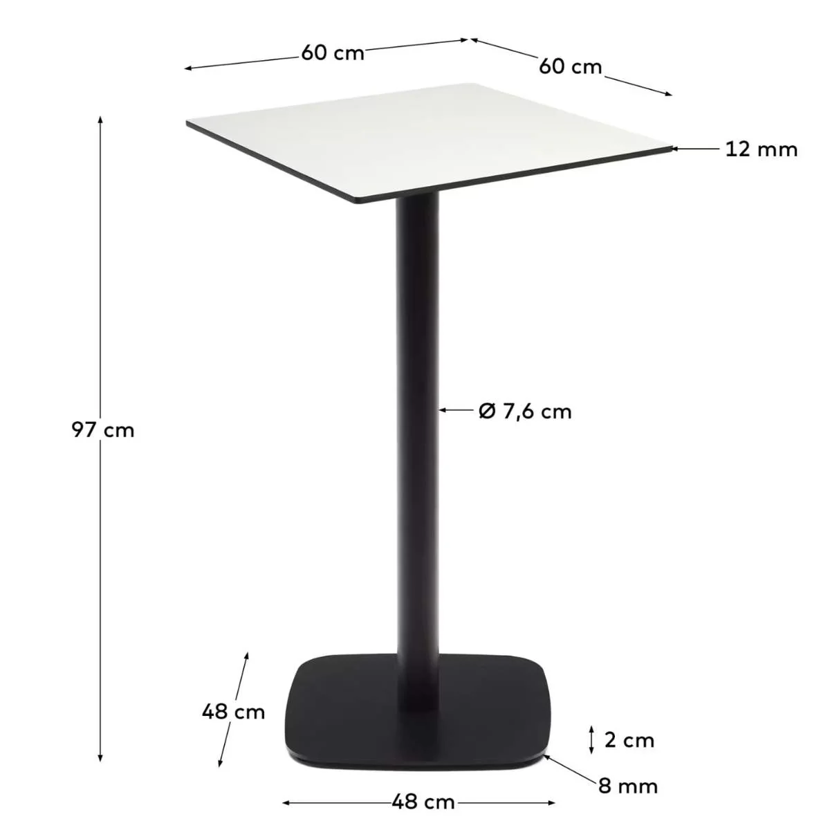 Kave Home Dina high outdoor table in white with metal leg in a painted black finish, 60x60x96 cm - Image 4